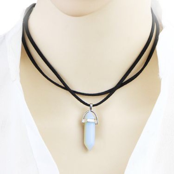 4/$25 Faux leather cord crystal pendant necklace - Picture 2 of 2